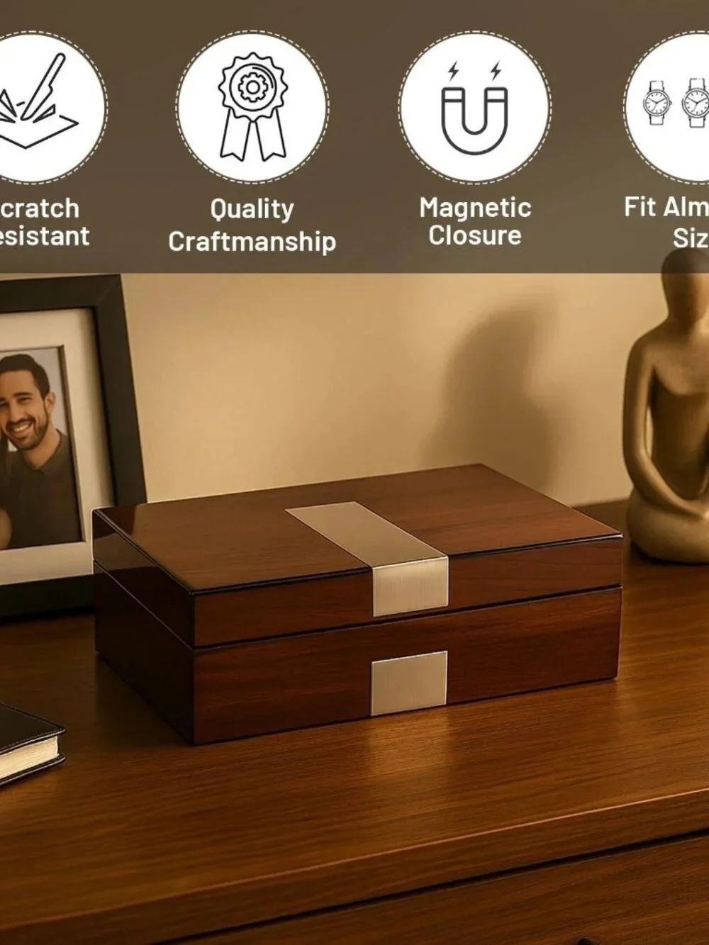 Bey-Berk Lacquered Walnut 8 Slot Watch Box Solid Wood Display Case